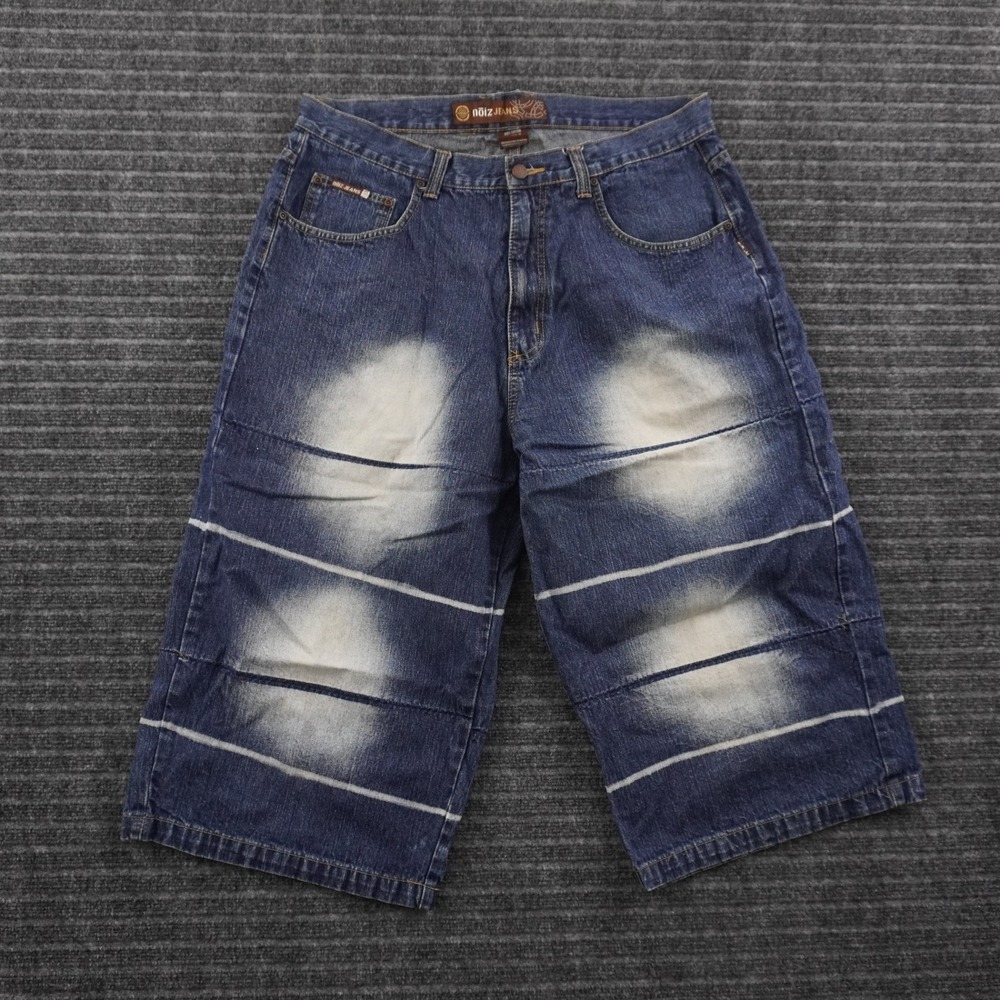 Noiz Jeans Denim Shorts Mens 36 Blue Baggy Skater Y2K Striped Faded Streetwear